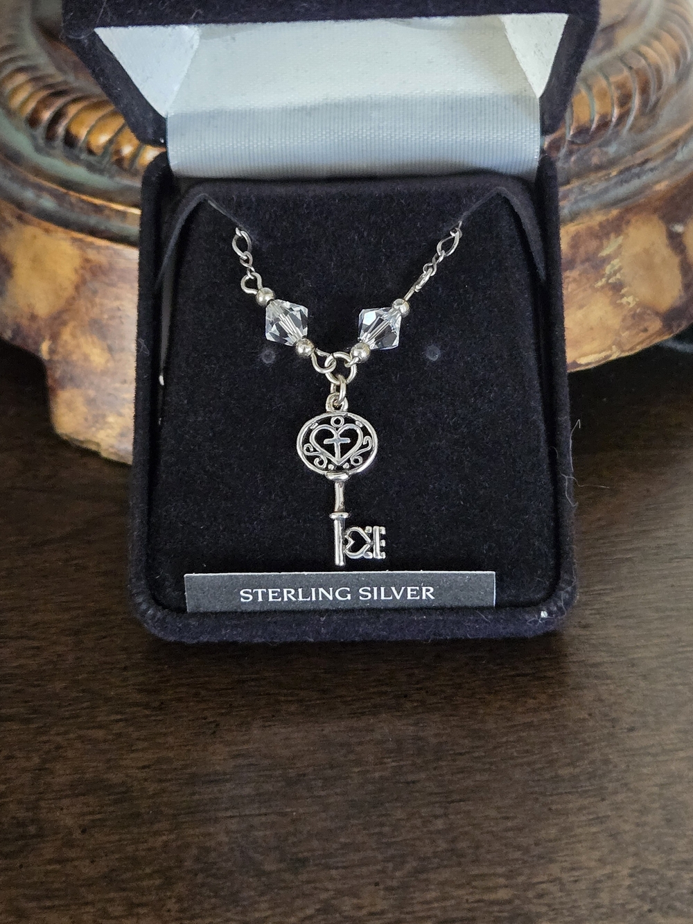 Sterling Silver Key Pendant Necklace With Faceted Crystals